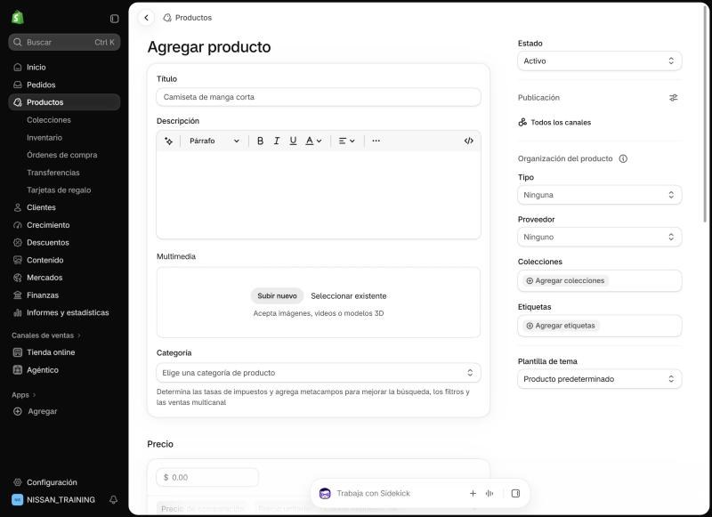 Formulario de agregar producto en Shopify con los campos de título, descripción, multimedia, categoría, precio y organización del producto