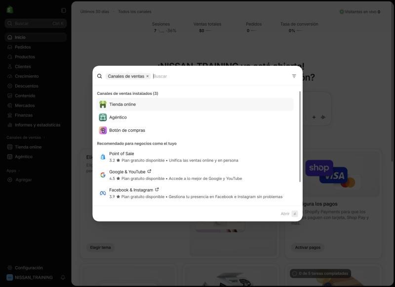Selector de canales de venta de Shopify con Tienda online instalada y Google y YouTube, Facebook e Instagram y Point of Sale como recomendados