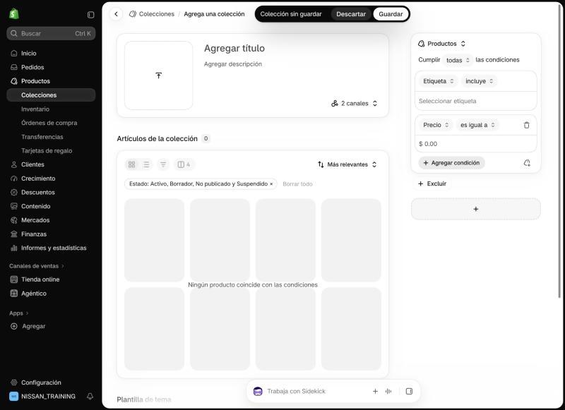 Creación de una colección en Shopify con dos condiciones automáticas: etiqueta y precio