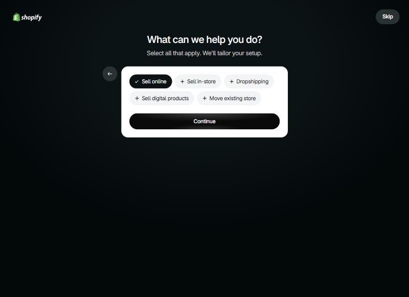 Cuestionario inicial de Shopify preguntando si vas a vender en línea, en tienda física, por dropshipping o productos digitales