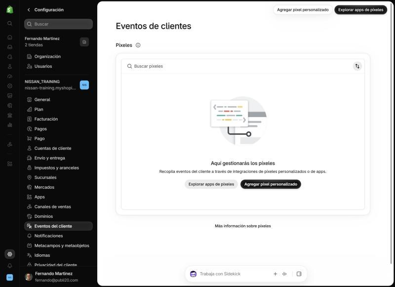 Configuración > Eventos del cliente en Shopify, la pantalla donde se agregan los píxeles personalizados y las apps de píxeles» width=»800″ height=»581″ loading=»lazy»><figcaption>Configuración > Eventos del cliente: aquí viven los píxeles de Meta, Google y TikTok. Verifica cada uno con un pedido de prueba.</figcaption></figure>
<h3 id=