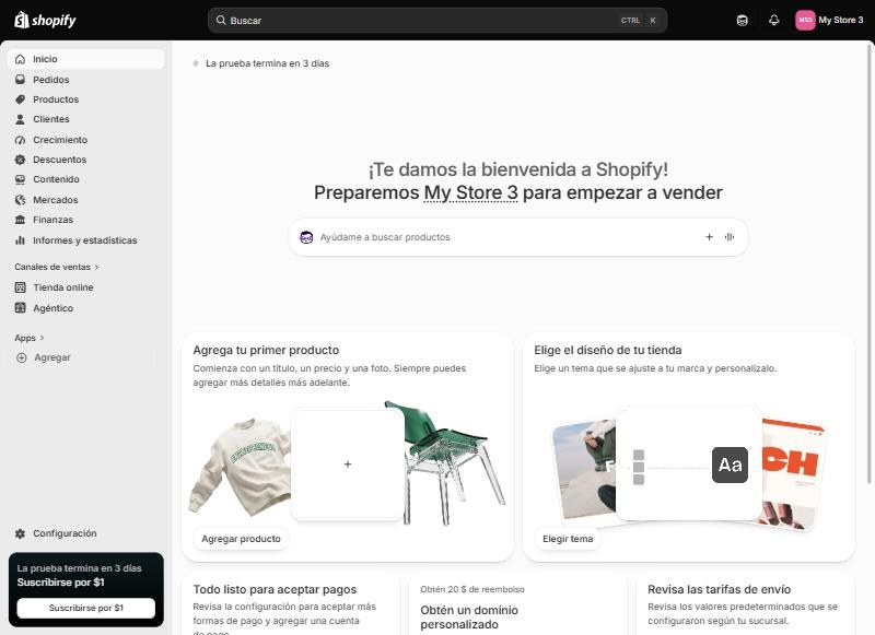 Panel de administración de Shopify recién creado con las tarjetas de agregar producto, elegir tema, aceptar pagos y dominio en la página de inicio