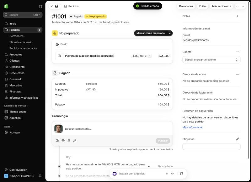Pedido de prueba número 1001 en Shopify con estado pagado, no preparado, y el botón de marcar como preparado