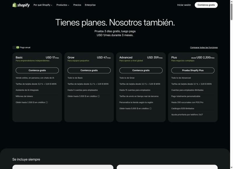 Página de precios de Shopify México con los planes Basic, Grow, Advanced y Plus y el selector de pago anual