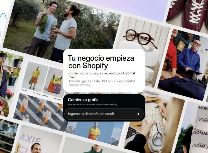 Pantalla de registro de Shopify México con el campo de correo electrónico y el botón de comenzar gratis