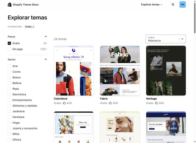 Tienda de temas de Shopify filtrada por temas gratuitos, con 24 resultados y los filtros de precio y sector