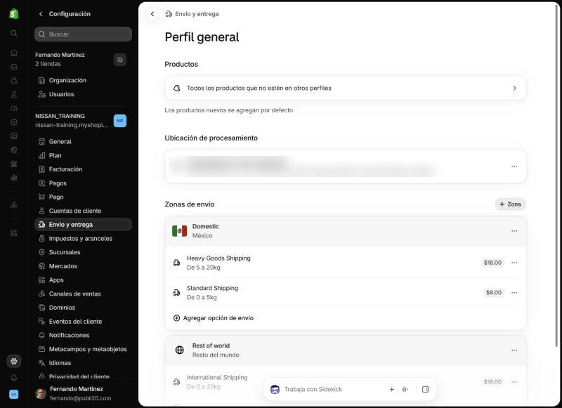 Perfil general de envío en Shopify con la zona México y dos tarifas por peso